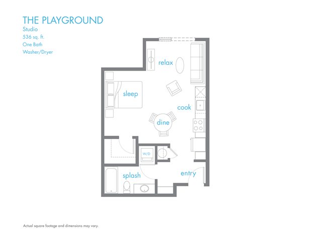 Floor plan for studio, 1 bath, 536 sqft